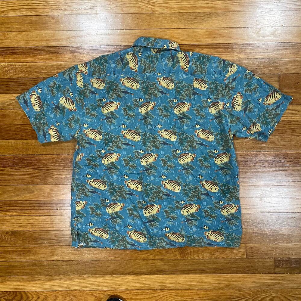Morro Bay Mens Button Up Hawaiian Shirt Large Blue Fish Print Short Sleeve Beach - Picture 2 of 3